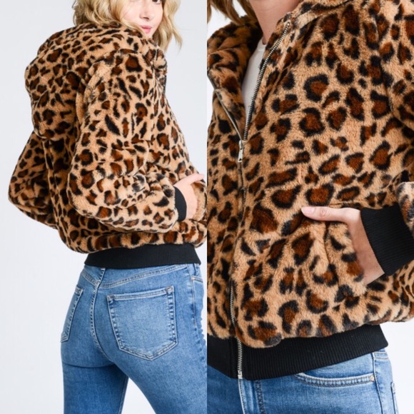 Leopard Faux Fur Zip Up Hoodie Bomber Jacket - Picture 2 of 2